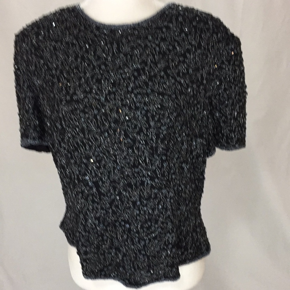Papell Boutique Evening Black Silk Vintage Beaded Top Size XL